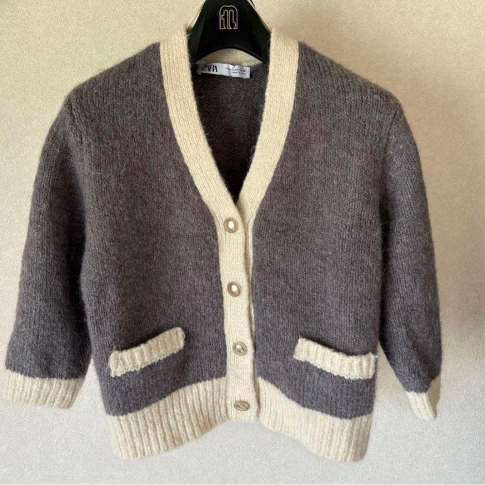 Zara Gray and Cream Cropped Cardigan with Pearl Buttons - Picture 2 of 2
